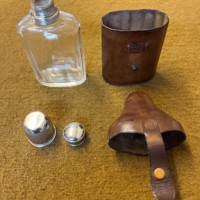 Vintage Leather Bound Cut Glass Spirit Flask with Shot Cup