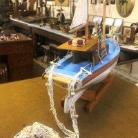 Vintage Wooden Scratch Built Model Fishing Trawler Complete with Trawl Nets