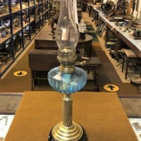 Antique Oil Lamp Blue Cut Glass Font Brass Twisted Column on a Circular Terracotta Glazed Plinth