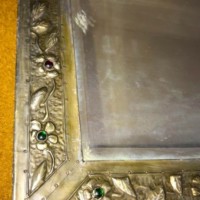 Arts & Crafts Brass Framed Bevelled Edge Wall Mirror Surround Embossed with Flowers with Jewelled Glass Flower Heads