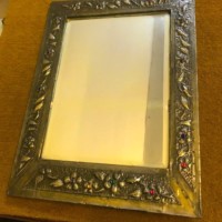 Arts & Crafts Brass Framed Bevelled Edge Wall Mirror Surround Embossed with Flowers with Jewelled Glass Flower Heads