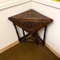 Victorian Triangular Carved Oak Drop Leaf Corner Table