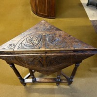 Victorian Triangular Carved Oak Drop Leaf Corner Table