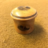 Antique Mauchline Ware Cylindrical Lidded Pot, Burns Monument, Burns Cottage and Alloway Kirk