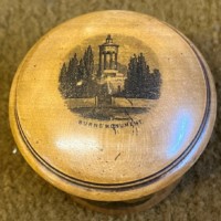 Antique Mauchline Ware Cylindrical Lidded Pot, Burns Monument, Burns Cottage and Alloway Kirk