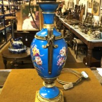 Antique Cloisonne Blue Porcelain Ormolu Mounted Urn Lamp