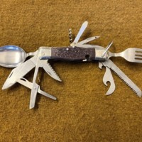 Vintage Camping Cutlery / Multi Tool Folding Knife In Leather Belt Mounted Holder