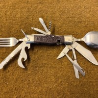 Vintage Camping Cutlery / Multi Tool Folding Knife In Leather Belt Mounted Holder