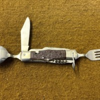 Vintage Camping Cutlery / Multi Tool Folding Knife In Leather Belt Mounted Holder