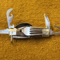 Vintage Camping Cutlery / Multi Tool Folding Knife In Leather Belt Mounted Holder