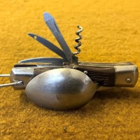 Vintage Camping Cutlery / Multi Tool Folding Knife In Leather Belt Mounted Holder