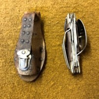 Vintage Camping Cutlery / Multi Tool Folding Knife In Leather Belt Mounted Holder