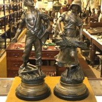 Antique Pair of French Bronzed Spelter Figures 'Semeur' and 'Botteleuse' (Sower and Baler) After Emile Rousseau (Sculptor)