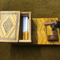 Vintage Pecking Bird / Marquetry Box Cigarette Dispenser