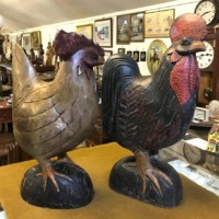 Vintage Pair of Wooden Carved Cockerel and Hen