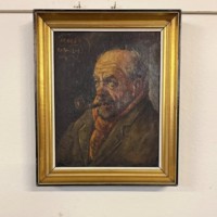 Vintage Dutch Oil Painting Portrait of Man Smoking a Pipe