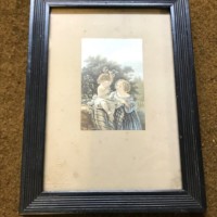 Victorian George Baxter Print "The Little Gardeners" With Original Impressed Stamp