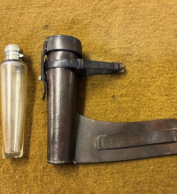 Antique Saddle Spirit Flask with Leather Case and Silver Plated Cap