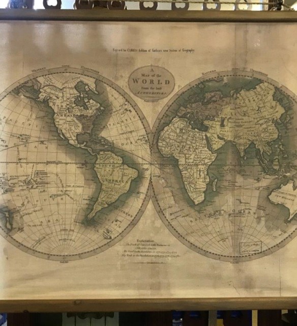 Antique Canvas Hanging Map of the World from the best Authorities. Western Hemisphere. Eastern Hemisphere. Engrav'd for Carey's Edition of Guthrie's new System of Geography