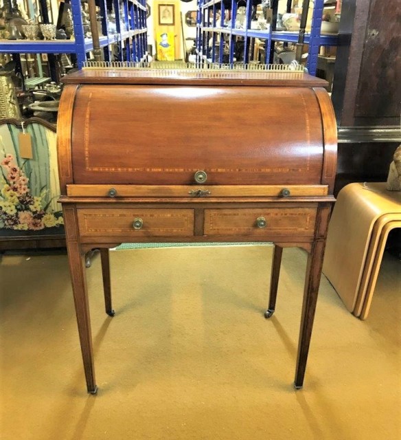 Edwardian Mahogany Inlaid Cylinder Top Desk