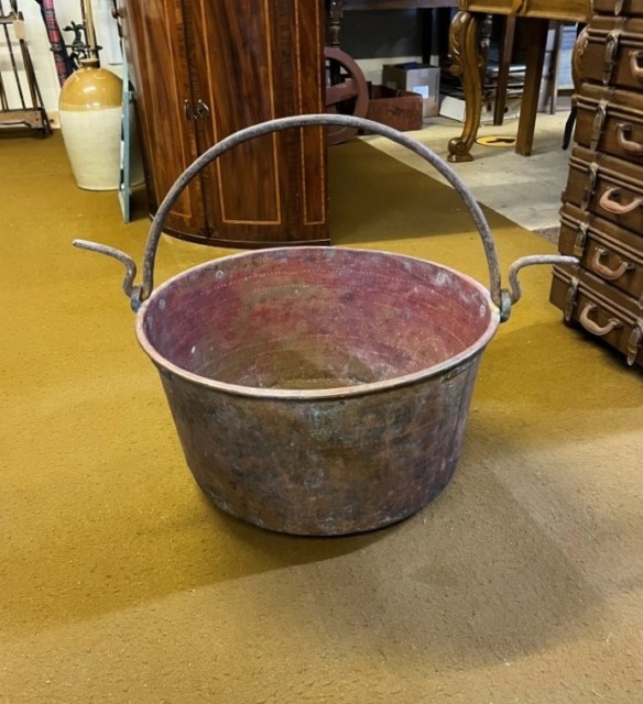 Antique Large French Hanging Copper Cauldron with Decorative Hand Tooled Design