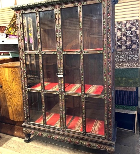Antique Asian Hand Carved and Painted Hardwood Display Cabinet