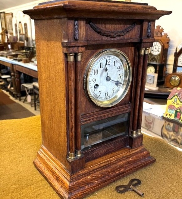 Antique Golden Oak Mantel Clock by Hamburg American Clock Company