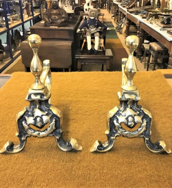 Vintage Pair of Cast Brass Fireside Dogs