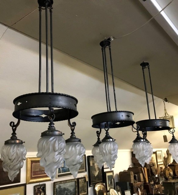 Antique Rustic Circular Light Fittings c/w 3 Flambeau / Empire Flame Globes