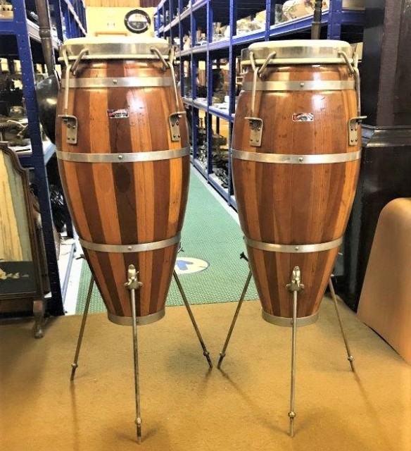 Vintage Pair of Mixed Wood Conga Drums