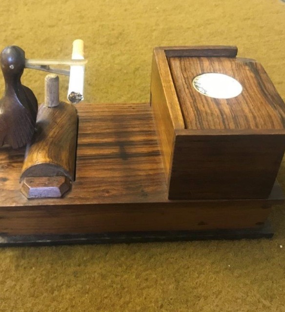 Vintage Pecking Bird Cigarette Dispenser Inlaid Rosewood Box