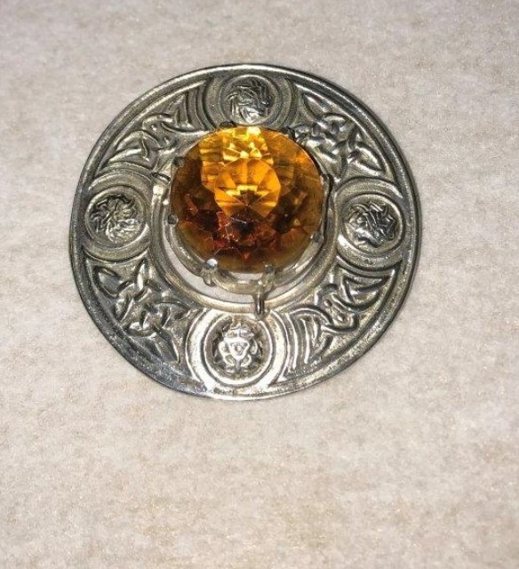 Vintage Silver Plated Scottish Plaid / Shawl Brooch with Amber Glass Stone