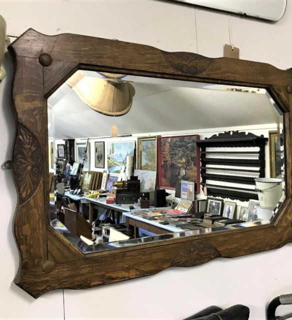 Arts & Crafts Oak Carved Bevelled Glass Mirror