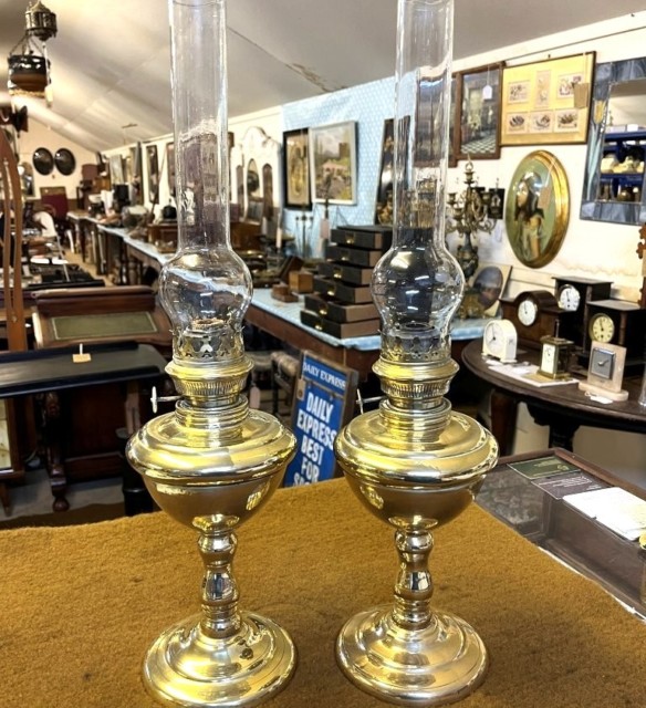 Antique Pair of Brass Oil Lamps with Silver Star Burners