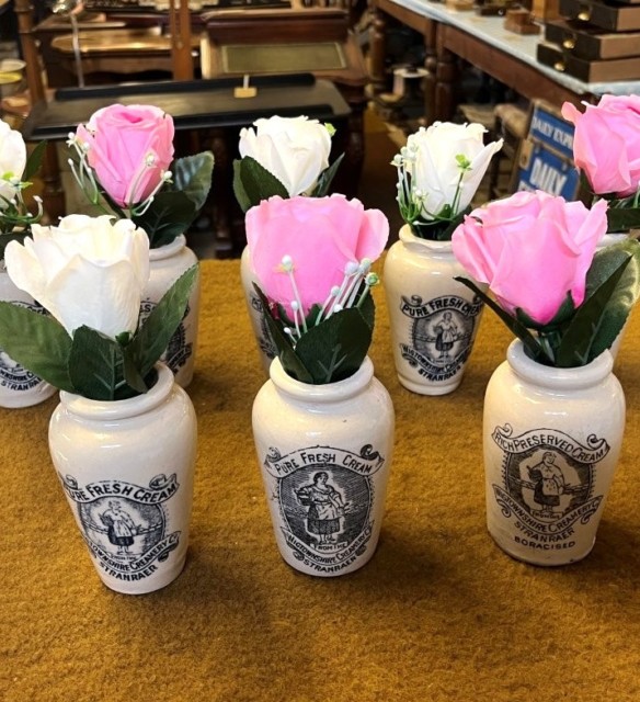 Antique Rich Preserved Cream Jars from Wigtownshire Creamery Stranraer with Silk Rose Artificial Flowers