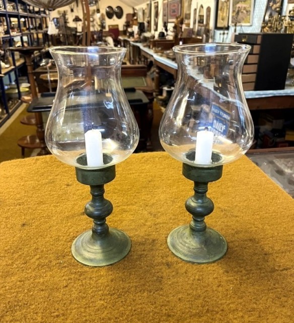 Vintage Pair of Patinated Brass Candle Holders with Glass Shades
