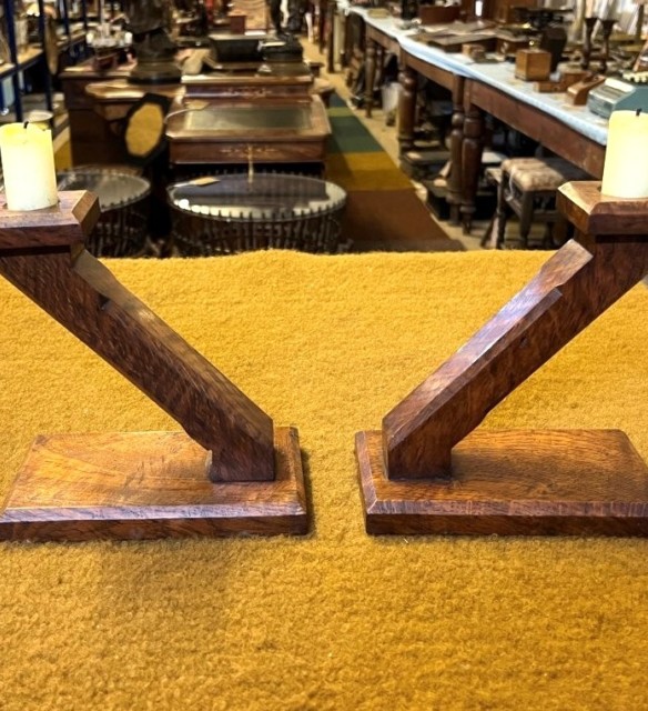 Antique Pair of Oak Art Deco Candle Sticks