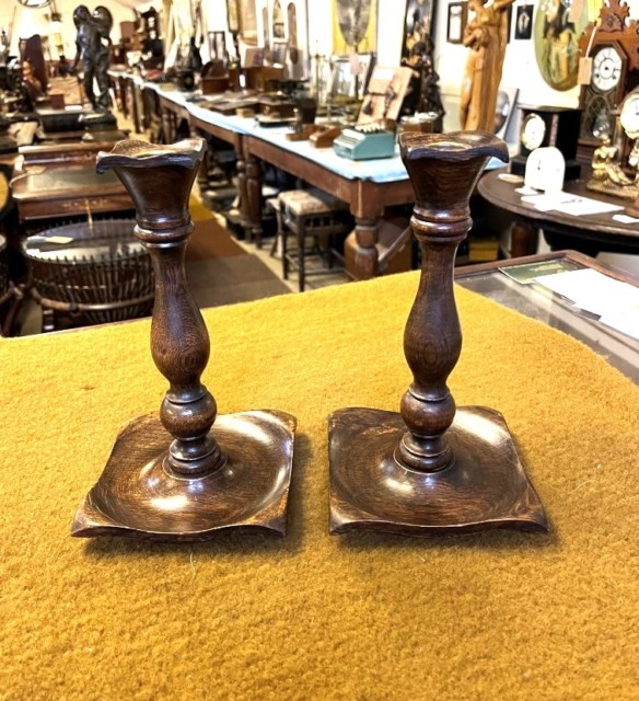 Antique Pair of Oak Arts & Crafts Candle Sticks