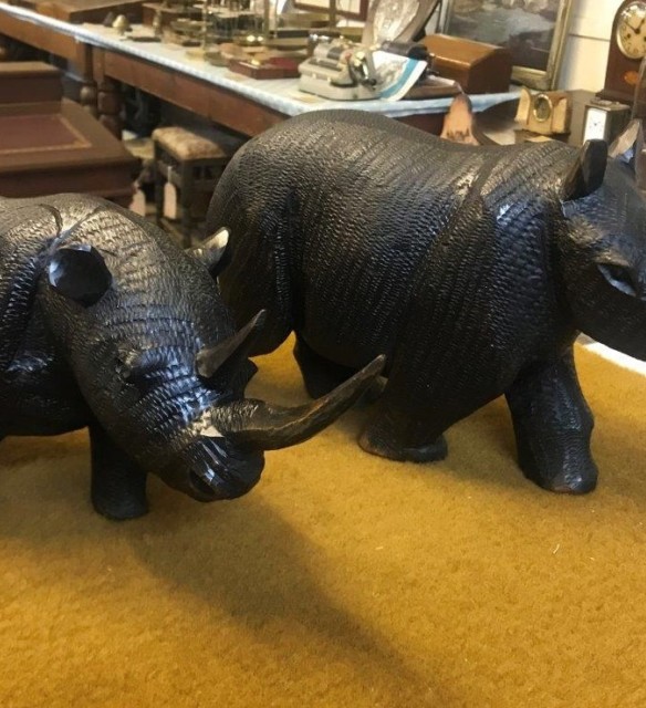 Vintage Pair of Carved Iron Wood Rhinoceros