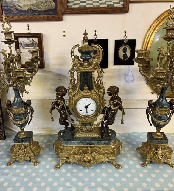 Vintage Italian 'Imperial' Gilt Brass and Green Marble Clock Garniture