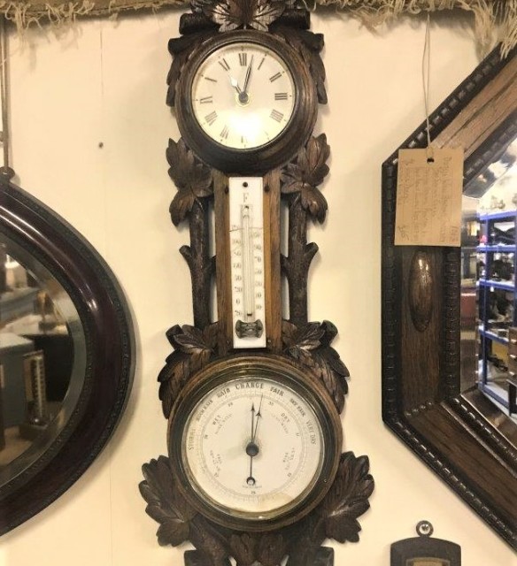 Edwardian Carved Oak Barometer Clock Thermometer