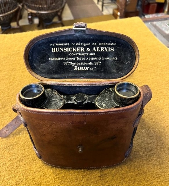WW1 Pair of Hunsicker & Alexis, Paris Military Binoculars in Leather Case