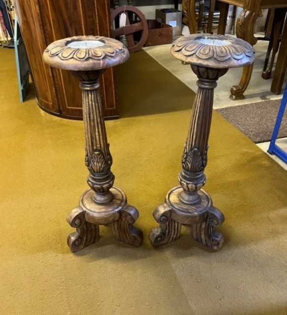 Antique Pair of Large Carved Wood Church Alter Pricket Candle Holders