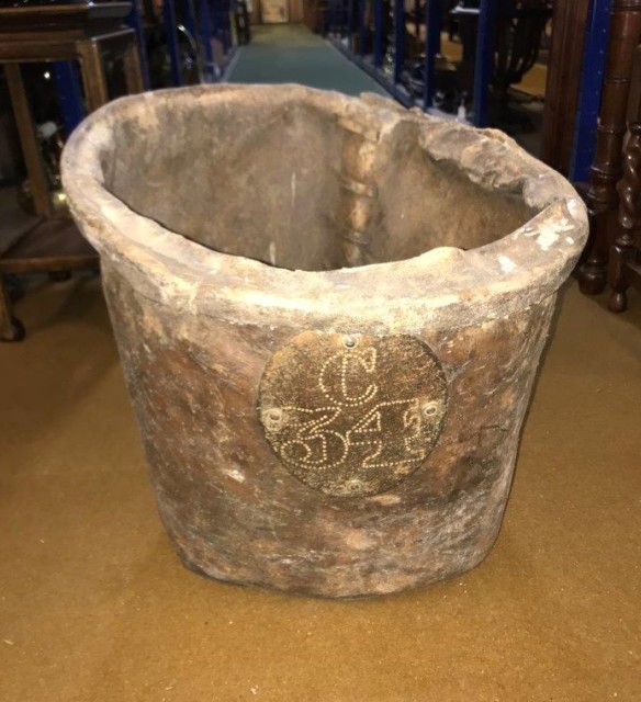 Antique Rawhide Pigskin Mill Bucket with Steel Label C34