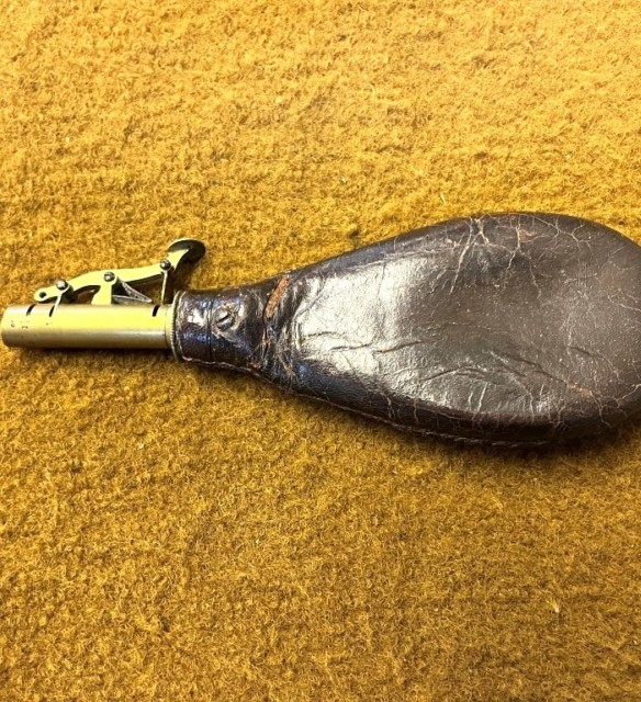 Antique Gun Powder Flask Leather and Brass