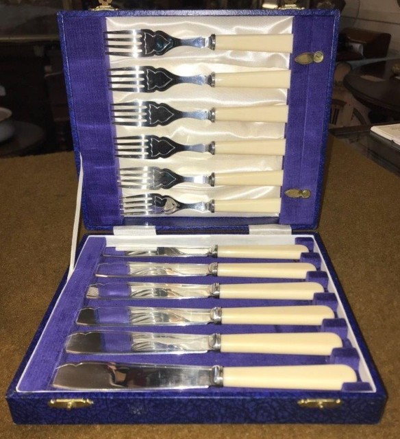 Vintage Cased Set of EPNS Fish Knives & Forks with Celuloid Handles Cooper Bros Sheffield