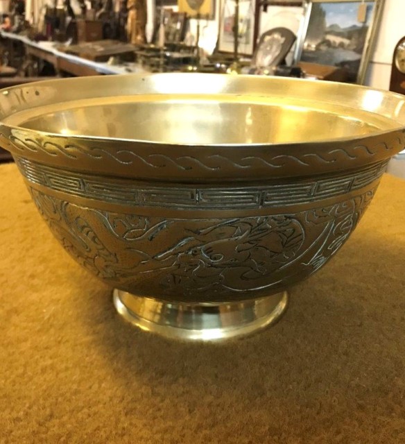 Vintage Brass Chinese Bowl Dragon and Phoenix Etched Design