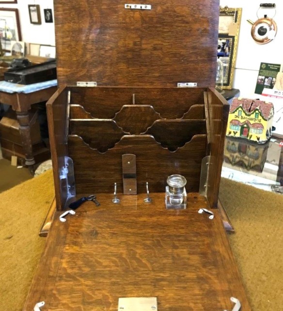 Edwardian Tiger Oak Fall Front Stationery Box / Writing Case