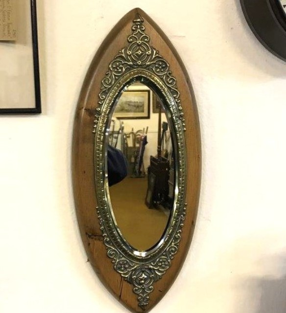 Victorian Oval Bevelled Edge Mirror Wooden Frame with Brass Repousse Trim