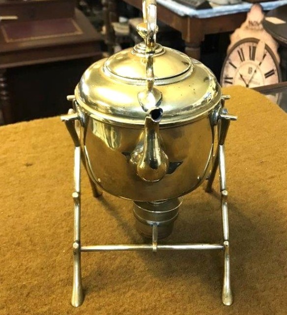 Antique Brass Kettle on Stand with Spirit Burner Warmer